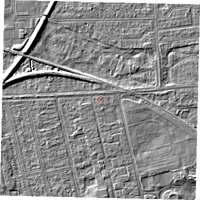 Shaded relief map of the ground around HU36LB, computed from Environment Agency LiDAR. The ground here sits at about 2 m above sea level and falls 7 m across the surrounding 800 m. Surface water reaching this point runs off ground lying to the north-north-east, 0.5 m higher.