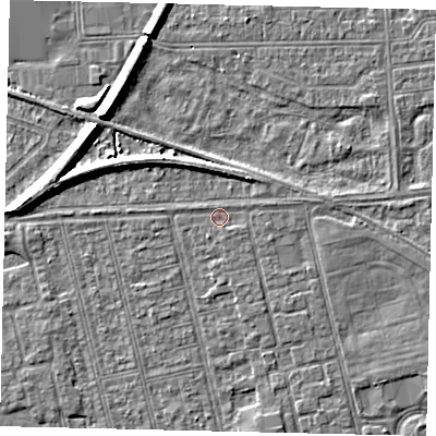 Shaded relief map of the ground around HU36LD, computed from Environment Agency LiDAR. The ground here sits at about 2 m above sea level and falls 7 m across the surrounding 800 m. Surface water reaching this point runs off ground lying to the east-north-east, 0.8 m higher.
