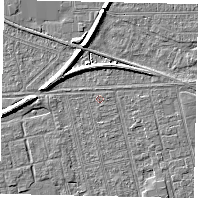 Shaded relief map of the ground around HU36LF, computed from Environment Agency LiDAR. The ground here sits at about 2 m above sea level and falls 7 m across the surrounding 800 m. The ground contributing surface water to this point lies to the south-south-east.