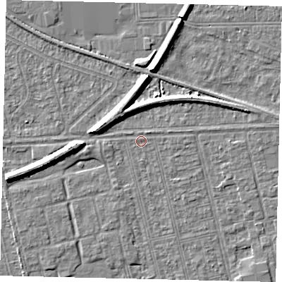 Shaded relief map of the ground around HU36LG, computed from Environment Agency LiDAR. The ground here sits at about 2 m above sea level and falls 7 m across the surrounding 800 m. Surface water reaching this point runs off ground lying to the north-east, 0.7 m higher.