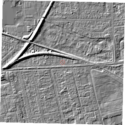 Shaded relief map of the ground around HU36LJ, computed from Environment Agency LiDAR. The ground here sits at about 2 m above sea level and falls 7 m across the surrounding 800 m. Surface water reaching this point runs off ground lying to the north-north-west, 1.9 m higher.