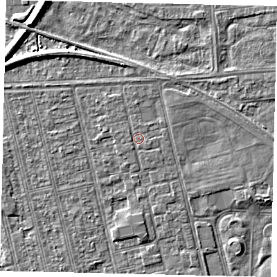 Shaded relief map of the ground around HU36LN, computed from Environment Agency LiDAR. The ground here sits at about 2 m above sea level and falls 7 m across the surrounding 800 m. Surface water reaching this point runs off ground lying to the south-west, 0.6 m higher.