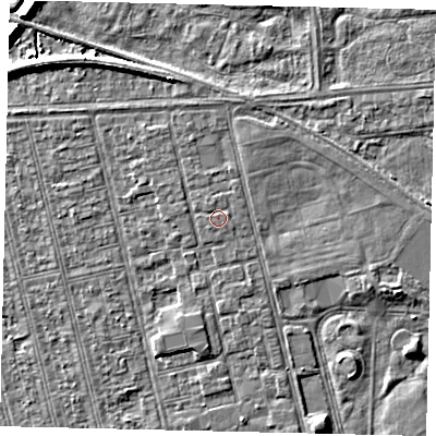 Shaded relief map of the ground around HU36NA, computed from Environment Agency LiDAR. The ground here sits at about 3 m above sea level and falls 7 m across the surrounding 800 m. The ground contributing surface water to this point lies to the north-north-west.