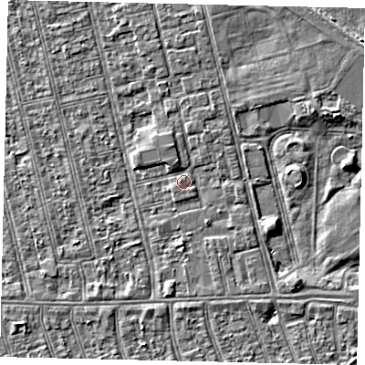 Shaded relief map of the ground around HU36NB, computed from Environment Agency LiDAR. The ground here sits at about 2 m above sea level and falls 3 m across the surrounding 800 m. Surface water reaching this point runs off ground lying to the south, 1.6 m higher.