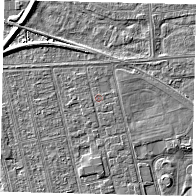 Shaded relief map of the ground around HU36ND, computed from Environment Agency LiDAR. The ground here sits at about 2 m above sea level and falls 7 m across the surrounding 800 m. Surface water reaching this point runs off ground lying to the south-east, 0.9 m higher.