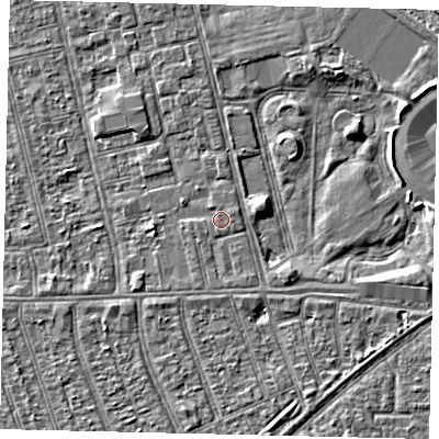 Shaded relief map of the ground around HU36NG, computed from Environment Agency LiDAR. The ground here sits at about 2 m above sea level and falls 3 m across the surrounding 800 m. Surface water reaching this point runs off ground lying to the east-north-east, 0.6 m higher.