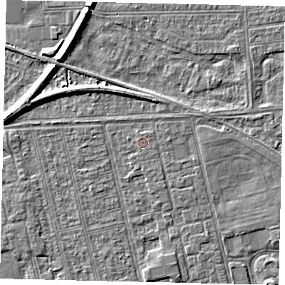 Shaded relief map of the ground around HU36NH, computed from Environment Agency LiDAR. The ground here sits at about 2 m above sea level and falls 7 m across the surrounding 800 m. The ground contributing surface water to this point lies to the north.