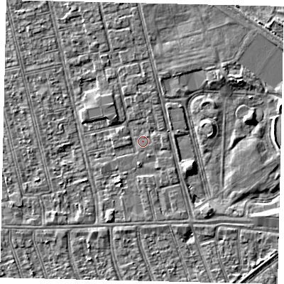 Shaded relief map of the ground around HU36NJ, computed from Environment Agency LiDAR. The ground here sits at about 2 m above sea level and falls 3 m across the surrounding 800 m. Surface water reaching this point runs off ground lying to the south-south-west, 1.6 m higher.