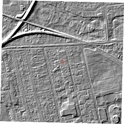 Shaded relief map of the ground around HU36NP, computed from Environment Agency LiDAR. The ground here sits at about 2 m above sea level and falls 7 m across the surrounding 800 m. The ground contributing surface water to this point lies to the south.