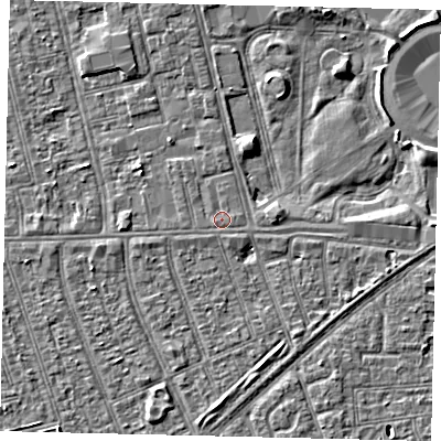 Shaded relief map of the ground around HU36NS, computed from Environment Agency LiDAR. The ground here sits at about 3 m above sea level and falls 3 m across the surrounding 800 m. The ground contributing surface water to this point lies to the east.