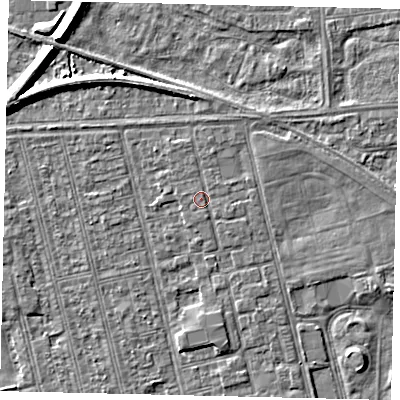 Shaded relief map of the ground around HU36NT, computed from Environment Agency LiDAR. The ground here sits at about 3 m above sea level and falls 7 m across the surrounding 800 m. Surface water reaching this point runs off ground lying to the east-south-east, 0.5 m higher.