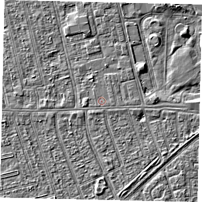 Shaded relief map of the ground around HU36PB, computed from Environment Agency LiDAR. The ground here sits at about 2 m above sea level and falls 3 m across the surrounding 800 m. The ground contributing surface water to this point lies to the east-south-east.
