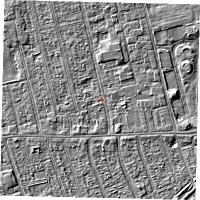 Shaded relief map of the ground around HU36PF, computed from Environment Agency LiDAR. The ground here sits at about 2 m above sea level and falls 3 m across the surrounding 800 m. Surface water reaching this point runs off ground lying to the east, 1.5 m higher.
