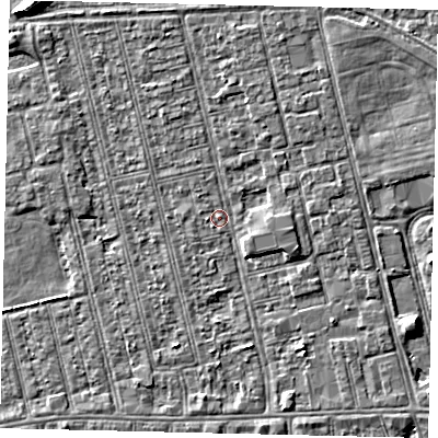 Shaded relief map of the ground around HU36PG, computed from Environment Agency LiDAR. The ground here sits at about 2 m above sea level and falls 7 m across the surrounding 800 m. Surface water reaching this point runs off ground lying to the west, 0.7 m higher.