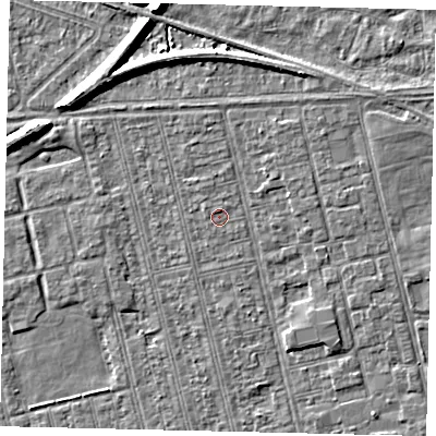 Shaded relief map of the ground around HU36PP, computed from Environment Agency LiDAR. The ground here sits at about 2 m above sea level and falls 7 m across the surrounding 800 m. Surface water reaching this point runs off ground lying to the north, 0.5 m higher.