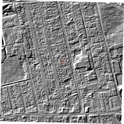 Shaded relief map of the ground around HU36PQ, computed from Environment Agency LiDAR. The ground here sits at about 2 m above sea level and falls 6 m across the surrounding 800 m. Surface water reaching this point runs off ground lying to the south-east, 2.1 m higher.