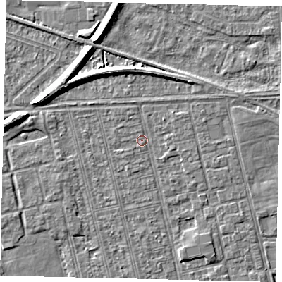 Shaded relief map of the ground around HU36PR, computed from Environment Agency LiDAR. The ground here sits at about 2 m above sea level and falls 7 m across the surrounding 800 m. Surface water reaching this point runs off ground lying to the east-north-east, 0.8 m higher.