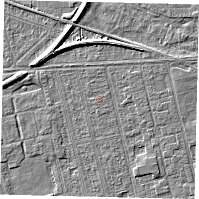 Shaded relief map of the ground around HU36PU, computed from Environment Agency LiDAR. The ground here sits at about 2 m above sea level and falls 7 m across the surrounding 800 m. Surface water reaching this point runs off ground lying to the west, 0.6 m higher.