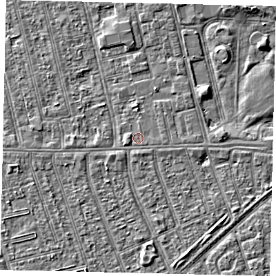 Shaded relief map of the ground around HU36PW, computed from Environment Agency LiDAR. The ground here sits at about 2 m above sea level and falls 3 m across the surrounding 800 m. The ground contributing surface water to this point lies to the east-south-east.