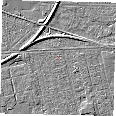 Shaded relief map of the ground around HU36PY, computed from Environment Agency LiDAR. The ground here sits at about 2 m above sea level and falls 7 m across the surrounding 800 m. The ground contributing surface water to this point lies to the north-west.