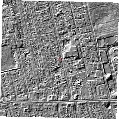 Shaded relief map of the ground around HU36PZ, computed from Environment Agency LiDAR. The ground here sits at about 2 m above sea level and falls 3 m across the surrounding 800 m. Surface water reaching this point runs off ground lying to the south-east, 2.1 m higher.