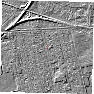 Shaded relief map of the ground around HU36QA, computed from Environment Agency LiDAR. The ground here sits at about 2 m above sea level and falls 7 m across the surrounding 800 m. Surface water reaching this point runs off ground lying to the north-east, 0.8 m higher.