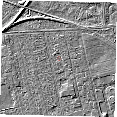 Shaded relief map of the ground around HU36QD, computed from Environment Agency LiDAR. The ground here sits at about 2 m above sea level and falls 7 m across the surrounding 800 m. Surface water reaching this point runs off ground lying to the north, 0.8 m higher.