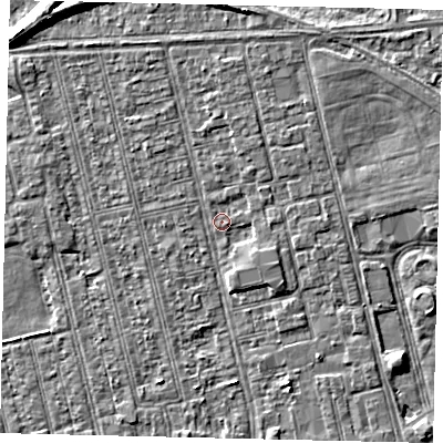 Shaded relief map of the ground around HU36QE, computed from Environment Agency LiDAR. The ground here sits at about 2 m above sea level and falls 7 m across the surrounding 800 m. Surface water reaching this point runs off ground lying to the south, 1.6 m higher.