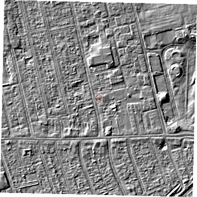 Shaded relief map of the ground around HU36QG, computed from Environment Agency LiDAR. The ground here sits at about 2 m above sea level and falls 3 m across the surrounding 800 m. Surface water reaching this point runs off ground lying to the east-south-east, 1.6 m higher.