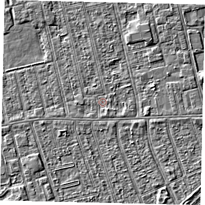 Shaded relief map of the ground around HU36QT, computed from Environment Agency LiDAR. The ground here sits at about 2 m above sea level and falls 2 m across the surrounding 800 m. Surface water reaching this point runs off ground lying to the south-south-east, 1.0 m higher.