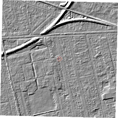 Shaded relief map of the ground around HU36QY, computed from Environment Agency LiDAR. The ground here sits at about 2 m above sea level and falls 7 m across the surrounding 800 m. Surface water reaching this point runs off ground lying to the west-north-west, 6.5 m higher.