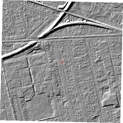 Shaded relief map of the ground around HU36QZ, computed from Environment Agency LiDAR. The ground here sits at about 2 m above sea level and falls 7 m across the surrounding 800 m. Surface water reaching this point runs off ground lying to the west-north-west, 6.5 m higher.