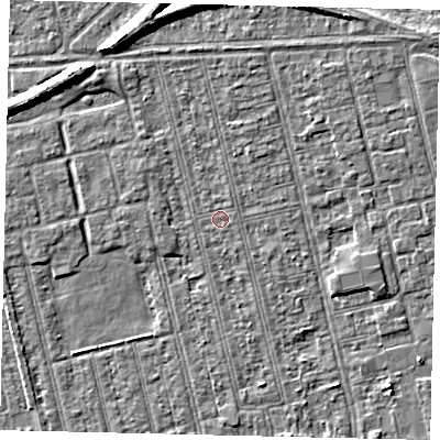 Shaded relief map of the ground around HU36RA, computed from Environment Agency LiDAR. The ground here sits at about 2 m above sea level and falls 7 m across the surrounding 800 m. Surface water reaching this point runs off ground lying to the north-north-east, 0.6 m higher.