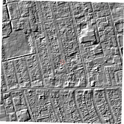 Shaded relief map of the ground around HU36RB, computed from Environment Agency LiDAR. The ground here sits at about 2 m above sea level and falls 2 m across the surrounding 800 m. Surface water reaching this point runs off ground lying to the south, 1.4 m higher.