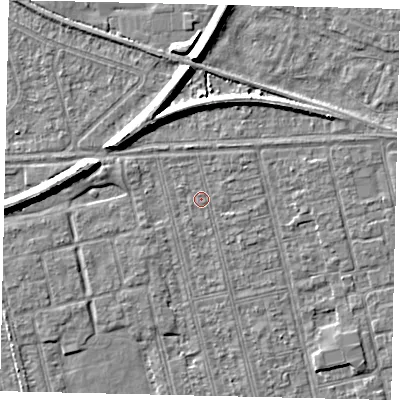 Shaded relief map of the ground around HU36RF, computed from Environment Agency LiDAR. The ground here sits at about 2 m above sea level and falls 7 m across the surrounding 800 m. Surface water reaching this point runs off ground lying to the east-south-east, 0.8 m higher.