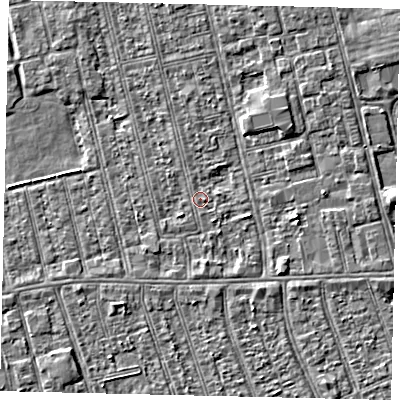 Shaded relief map of the ground around HU36RG, computed from Environment Agency LiDAR. The ground here sits at about 2 m above sea level and falls 2 m across the surrounding 800 m. The ground contributing surface water to this point lies to the south.