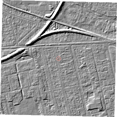 Shaded relief map of the ground around HU36RJ, computed from Environment Agency LiDAR. The ground here sits at about 2 m above sea level and falls 7 m across the surrounding 800 m. Surface water reaching this point runs off ground lying to the south-east, 0.8 m higher.