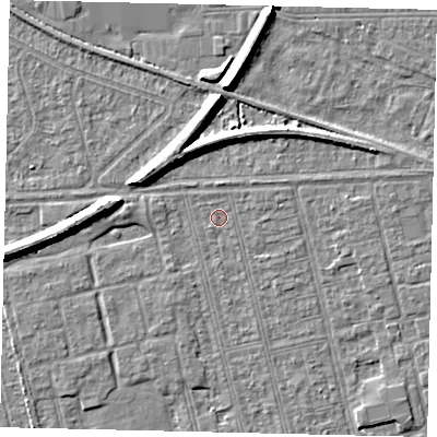 Shaded relief map of the ground around HU36RL, computed from Environment Agency LiDAR. The ground here sits at about 2 m above sea level and falls 7 m across the surrounding 800 m. Surface water reaching this point runs off ground lying to the south-east, 0.8 m higher.