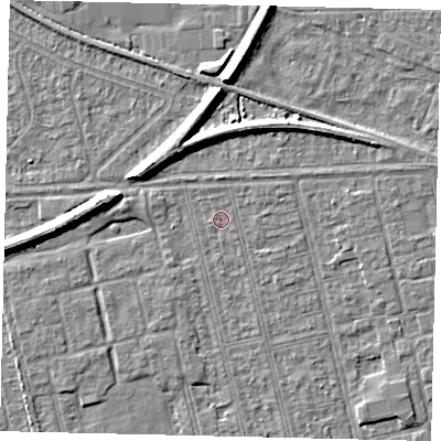 Shaded relief map of the ground around HU36RN, computed from Environment Agency LiDAR. The ground here sits at about 2 m above sea level and falls 7 m across the surrounding 800 m. Surface water reaching this point runs off ground lying to the east-south-east, 0.8 m higher.