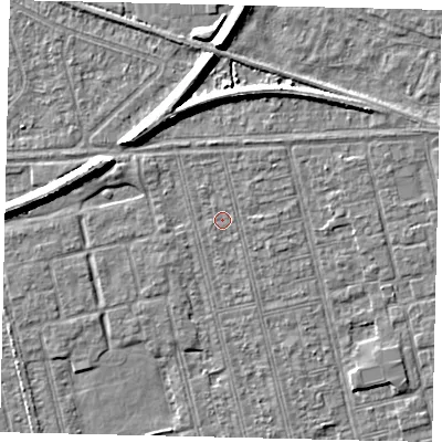Shaded relief map of the ground around HU36RP, computed from Environment Agency LiDAR. The ground here sits at about 2 m above sea level and falls 7 m across the surrounding 800 m. Surface water reaching this point runs off ground lying to the north-north-west, 0.5 m higher.