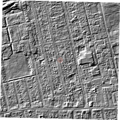 Shaded relief map of the ground around HU36RQ, computed from Environment Agency LiDAR. The ground here sits at about 2 m above sea level and falls 6 m across the surrounding 800 m. The ground contributing surface water to this point lies to the north-north-east.