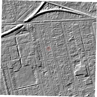 Shaded relief map of the ground around HU36RS, computed from Environment Agency LiDAR. The ground here sits at about 2 m above sea level and falls 7 m across the surrounding 800 m. Surface water reaching this point runs off ground lying to the north-north-west, 0.6 m higher.
