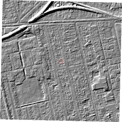 Shaded relief map of the ground around HU36RT, computed from Environment Agency LiDAR. The ground here sits at about 2 m above sea level and falls 7 m across the surrounding 800 m. Surface water reaching this point runs off ground lying to the east-south-east, 0.6 m higher.