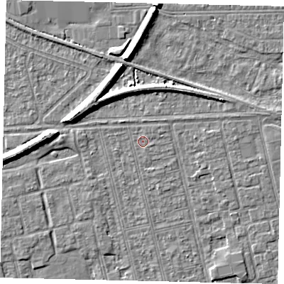 Shaded relief map of the ground around HU36RU, computed from Environment Agency LiDAR. The ground here sits at about 2 m above sea level and falls 7 m across the surrounding 800 m. The ground contributing surface water to this point lies to the north-east.