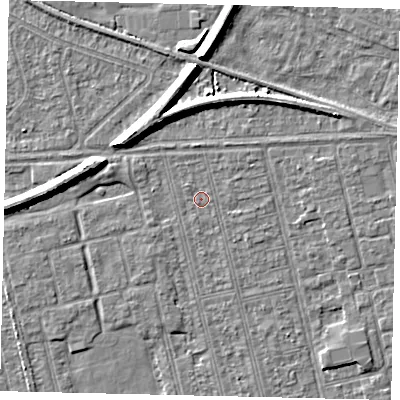 Shaded relief map of the ground around HU36RW, computed from Environment Agency LiDAR. The ground here sits at about 2 m above sea level and falls 7 m across the surrounding 800 m. Surface water reaching this point runs off ground lying to the east-south-east, 0.8 m higher.