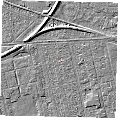 Shaded relief map of the ground around HU36RX, computed from Environment Agency LiDAR. The ground here sits at about 2 m above sea level and falls 7 m across the surrounding 800 m. Surface water reaching this point runs off ground lying to the south-east, 0.8 m higher.