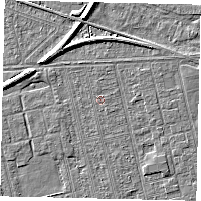 Shaded relief map of the ground around HU36RY, computed from Environment Agency LiDAR. The ground here sits at about 2 m above sea level and falls 7 m across the surrounding 800 m. Surface water reaching this point runs off ground lying to the north-north-east, 0.8 m higher.