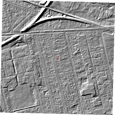 Shaded relief map of the ground around HU36RZ, computed from Environment Agency LiDAR. The ground here sits at about 2 m above sea level and falls 7 m across the surrounding 800 m. Surface water reaching this point runs off ground lying to the east-south-east, 0.6 m higher.