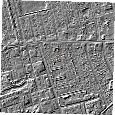 Shaded relief map of the ground around HU36SP, computed from Environment Agency LiDAR. The ground here sits at about 2 m above sea level and falls 5 m across the surrounding 800 m. Surface water reaching this point runs off ground lying to the north, 1.4 m higher.