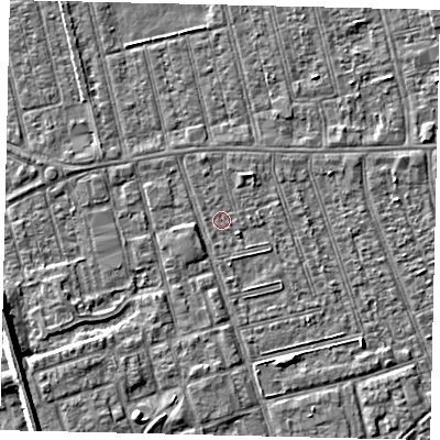 Shaded relief map of the ground around HU36SR, computed from Environment Agency LiDAR. The ground here sits at about 2 m above sea level and falls 5 m across the surrounding 800 m. Surface water reaching this point runs off ground lying to the north-east, 1.4 m higher.
